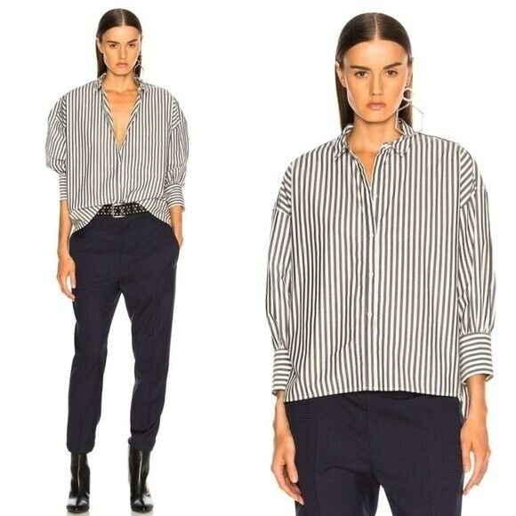 Nili Lotan Tops - Nili Lotan 3/4 Sleeve Navy Blue Stripe Button Down Relaxed Boxy Fit Shirt XS